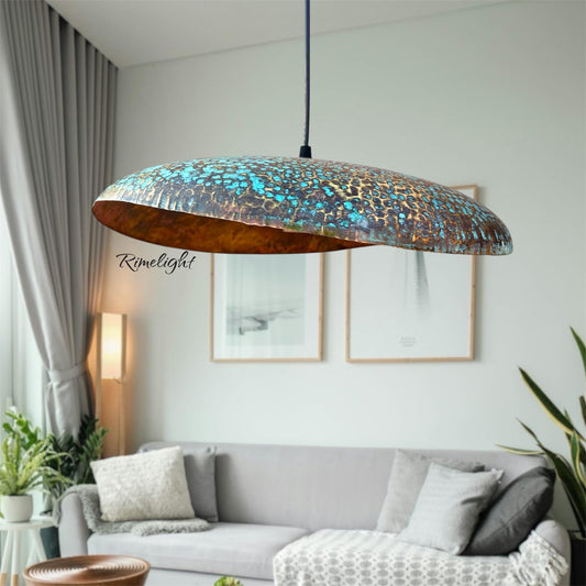 Hammered Brass Lotus Lampshade: Oxidized Finish, Hardwired Pendant Light