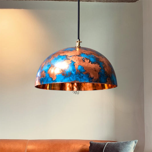 Blue patina finish , Handmade copper dome fixture , handmade kitchen island
