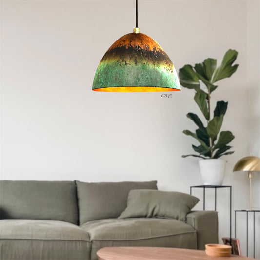 Oval hand oxidized lampshade , copper patina dome fixture, handmade light fixture